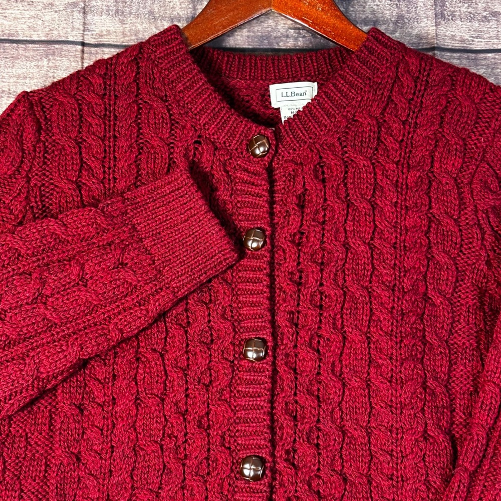 LL Bean Womens Merino Wool Cable Knit Cardigan Sweater Burgundy Red Ireland M - Picture 2 of 9